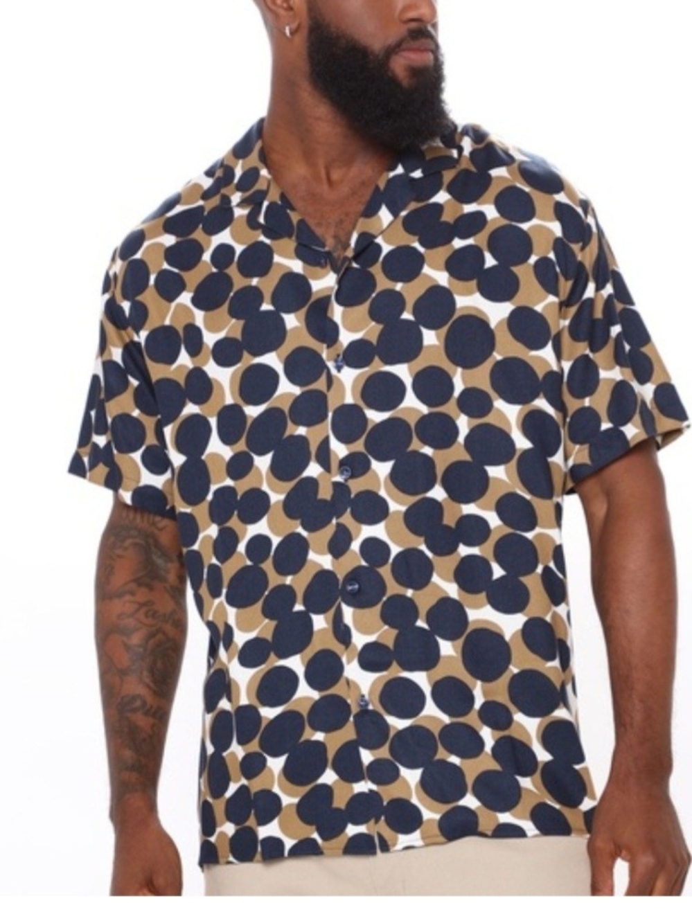 Zara Navy, Tan & White Polka Dot Short Sleeve Button Shirt